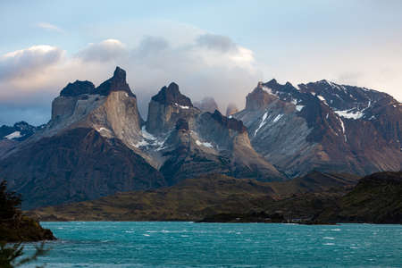 View of the Torres del Paine from Lake Pehoe, Torres del Paine National Park, Chileの写真素材