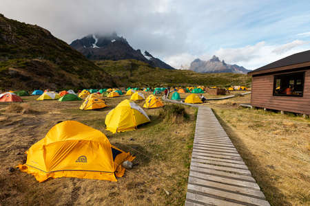 TORRES DEL PAINE NATIONAL PARK, CHILE - JANUARY 20, 2019: The campsite in Torres del Paine National Park, Chileのeditorial素材