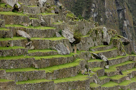 Close-up of cascading terraces of Machu Picchu, Peruの写真素材