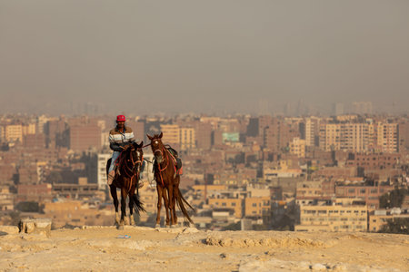 CAIRO, EGYPT- NOVEMBER 17, 2018: A horse rider with two horsesのeditorial素材