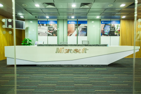 SINGAPORE - NOVEMBER 15, 2015: Reception desk at Microsoft Technology Centre in Singaporeのeditorial素材