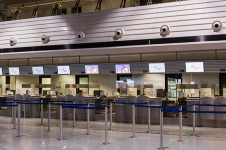 FRANKFURT, GERMANY - NOVEMBER 11, 2021: Empty registration desks at the Frankfurt International...