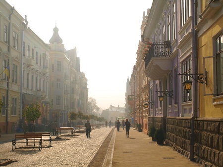 The morning fog on the main street of the Chernivtsi のeditorial素材