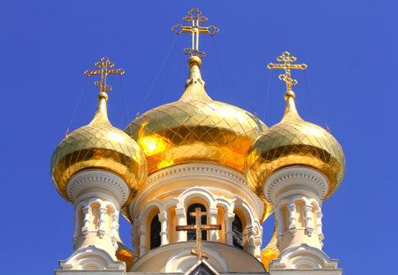Alexander Nevsky Orthodox church with golden domes in Yalta  Crimea  Ukraine 