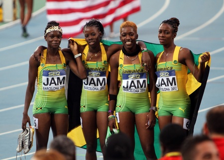 Jamaican team silver medalists of the 400 meters relay race on th 2012 IAAF World Junior Athletics Championships Barcelona July 15thのeditorial素材