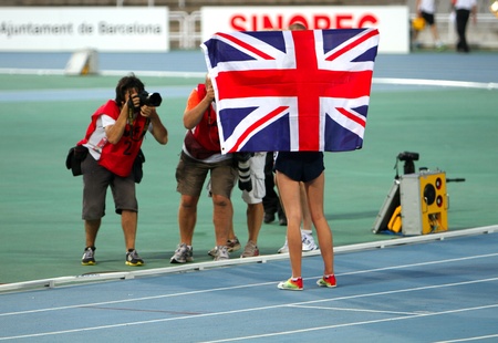 BARCELONA, SPAIN - JULY 12  Jessica Judd from Great Britain celebrates silver medal of the 800 meters final on the 2012 IAAF World Junior Athletics Championships on July 12, 2012 in Barcelona, Spainのeditorial素材