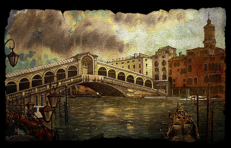 A view of the canal with Rialto bridge, boats and buildings in Venice on vintage old paper isolated on blackの写真素材