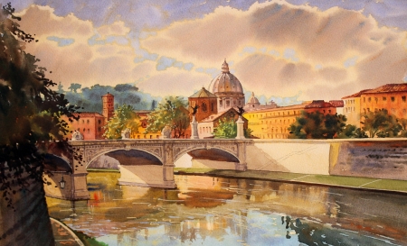 Basilica Sant Pietro, Tiber river and Ponte Vittorio Emanuele, Vatican, Rome, Italy.の写真素材