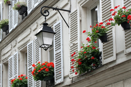 Windows with shutters of old buildings on Montmartre, Paris の写真素材