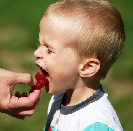 Boy eating strawberryの写真素材