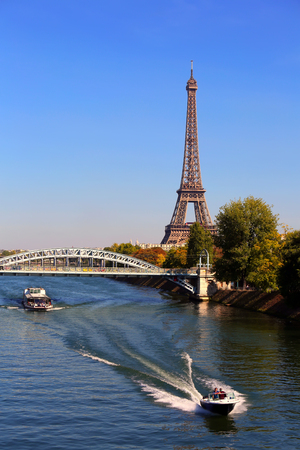 View on Eiffel Tower and boats on Seine river in Paris, Franceの写真素材