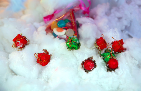 Closeup of gift boxes and Christmas decoration.の写真素材