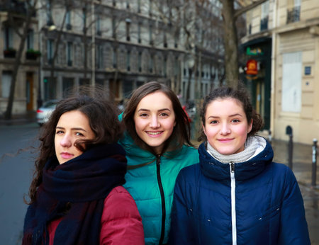 Students girls having fun in the cityの写真素材