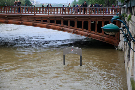 Seine river flood in Paris on june 02, 2016 in Paris, France. The rising waters of the Seine overflowed riverbanks, roads and rail tracks across Parisのeditorial素材