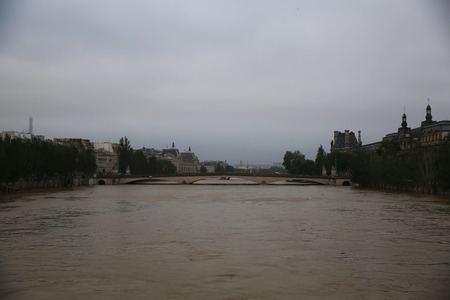 Seine river flood in Paris on june 02, 2016 in Paris, France. The rising waters of the Seine overflowed riverbanks, roads and rail tracks across Parisのeditorial素材
