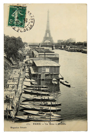 Rare vintage postcard with view on Eiffel Tower in Paris, France, circa 1900のeditorial素材