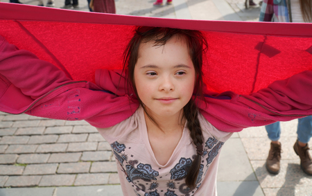 Little girl have fun in the cityの写真素材