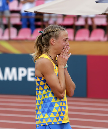 TAMPERE, FINLAND, July 12: Alina Shukh (Ukraine) win javelin throw final in the IAAF World U20 Championship in Tampere, Finland 12th July, 2018.のeditorial素材