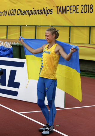 TAMPERE, FINLAND, July 12: Alina Shukh (Ukraine) win javelin throw final in the IAAF World U20 Championship in Tampere, Finland 12th July, 2018.のeditorial素材