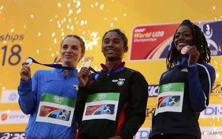 TAMPERE, FINLAND, July 12: HIMA DAS  (India) win gold medal in 400 metrs on the IAAF World U20 Championship in Tampere, Finland 12th July, 2018.のeditorial素材