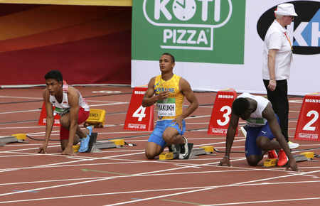 TAMPERE, FINLAND, July 11: LALU MUHAMMAD ZOHRI (Indonesia),VASYL MAKUKH (Ukraine),RIKKOI BRATHWAITE  (IVB) in 100 m. Semi-Final on the IAAF World U20 Championship in Tampere, Finland 11 July, 2018.のeditorial素材