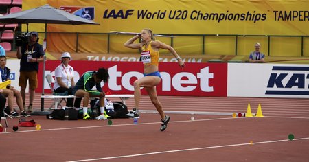 TAMPERE, FINLAND, July 12: Alina Shukh (Ukraine) win javelin throw final in the IAAF World U20 Championship in Tampere, Finland 12th July, 2018.のeditorial素材