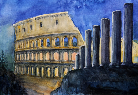 Roman cityscape of the Colosseum painted by watercolorの写真素材