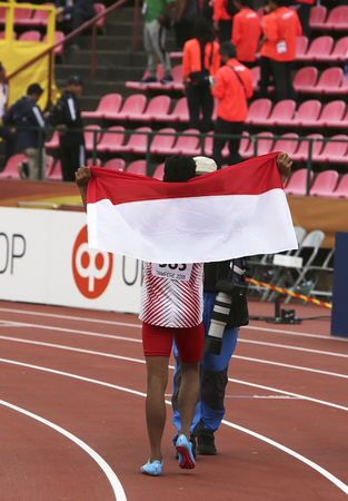 TAMPERE, FINLAND, July 12: LALU MUHAMMAD ZOHRI  (Indonesia) win gold medal in 100 metrs on the IAAF World U20 Championship in Tampere, Finland 12th July, 2018.のeditorial素材