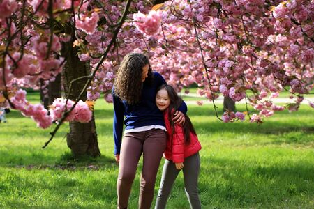 Girls have fun in the park of blooming sakuraの写真素材