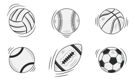 Sports balls isolated on white background. Doodle, sketch style. Vector illustrationのイラスト素材