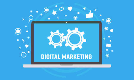 Digital marketing - Laptop with social media icons. Flat designのイラスト素材