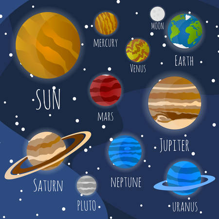 Planets of the solar system. Sun, Neptune Mercury, Venus, Mars, Jupiter, Earth, Saturn, Pluto, Uranusのイラスト素材