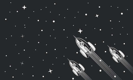 Flying Galaxy space ships, rockets in space. Business banner concept. Retro vintage backgroundのイラスト素材