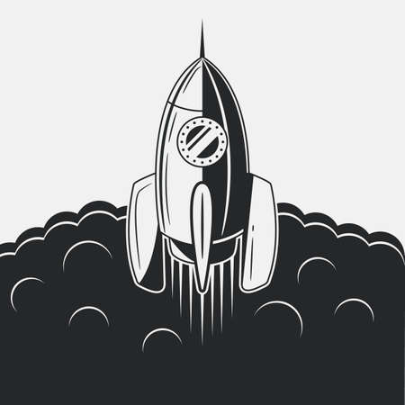 Monochrome illustration of Rocket launch. Vintage style isolated on plain background.のイラスト素材