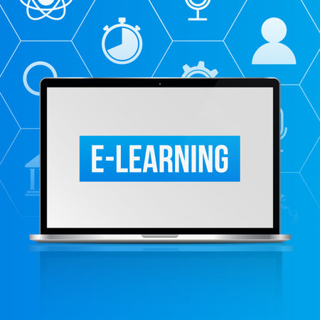 Elearning concept - Laptop with digital icons on a background. Vector illustration