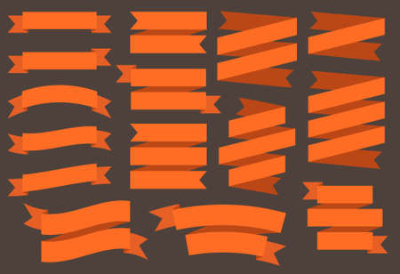 Ribbons banners isolated on black background vector illustration. Orange color tapes, set of 15 flat orange ribbons banners.のイラスト素材