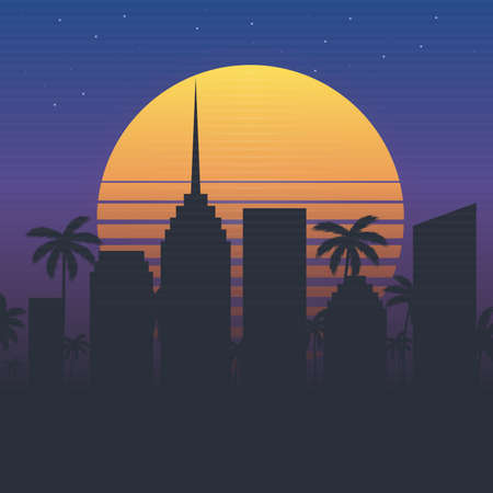 Night city vector illustration, cityscape background retro poster.のイラスト素材