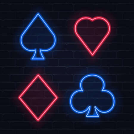 Set of neon playing card symbols, poker club and casino neon signs. Light banners bright emblems realistic playing cards symbols template.のイラスト素材