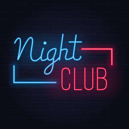 Night club neon sign emblem, light banner vector illustration.のイラスト素材