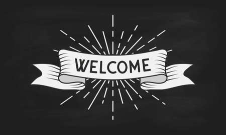 Welcome - text on vintage ribbon banner with light rays on background. Retro poster.のイラスト素材