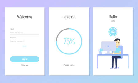 Mobile app template. Login form, loading bar. Concept of mobile app template. Flat design. Vector illustration.のイラスト素材