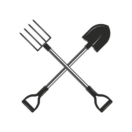 Crossed gardening and farming tools isolated on white background. Shovel and garden forks in monochrome style. Vector illustration. Crossed gardening and farming tools isolated on white background. Shovel and garden forks in monochrome style. Vector illustration.