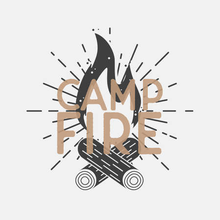 Camp fire logo, poster with sunburst, light rays. Camp vintage sign, icon. Typography. Vector illustrationのイラスト素材