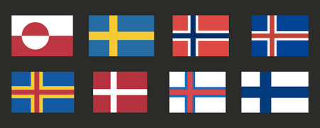 The Nordic countries flags isolated on a black background. Vector illustrationのイラスト素材