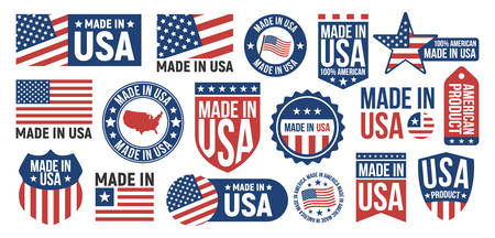 Large set of Made in USA labels, signs. USA patriotic signs. Americans banners templates. Vector illustration.のイラスト素材