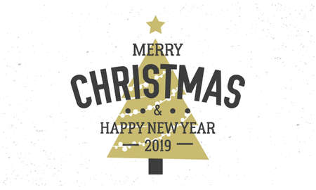 Christmas, Happy New Year 2019. Vintage  retro print. Christmas greeting card with text typography. Label template. Christmas tree silhouette. Vector Illustrationのイラスト素材