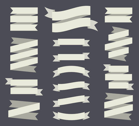 Vector vintage ribbons banners isolated on dark background. White tapes. Set of 15 white ribbons banners.のイラスト素材