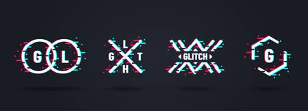 Vector set of distorted glitch style . Geometrical shapes frames in distorted glitch style.のイラスト素材