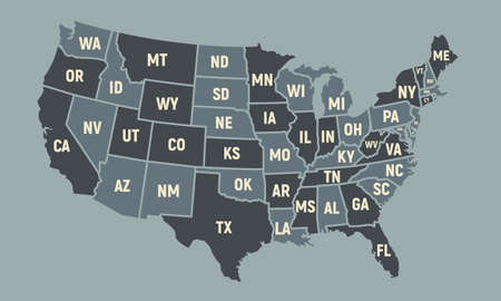 United States of America map with short state names. USA poster map. Vintage USA background. Vector illustrationのイラスト素材
