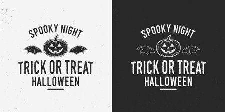 Spooky night logo with halloween pumpkin. Halloween label, badge isolated on black and white background. Vintage design with grunge texture. Vector illustrationのイラスト素材